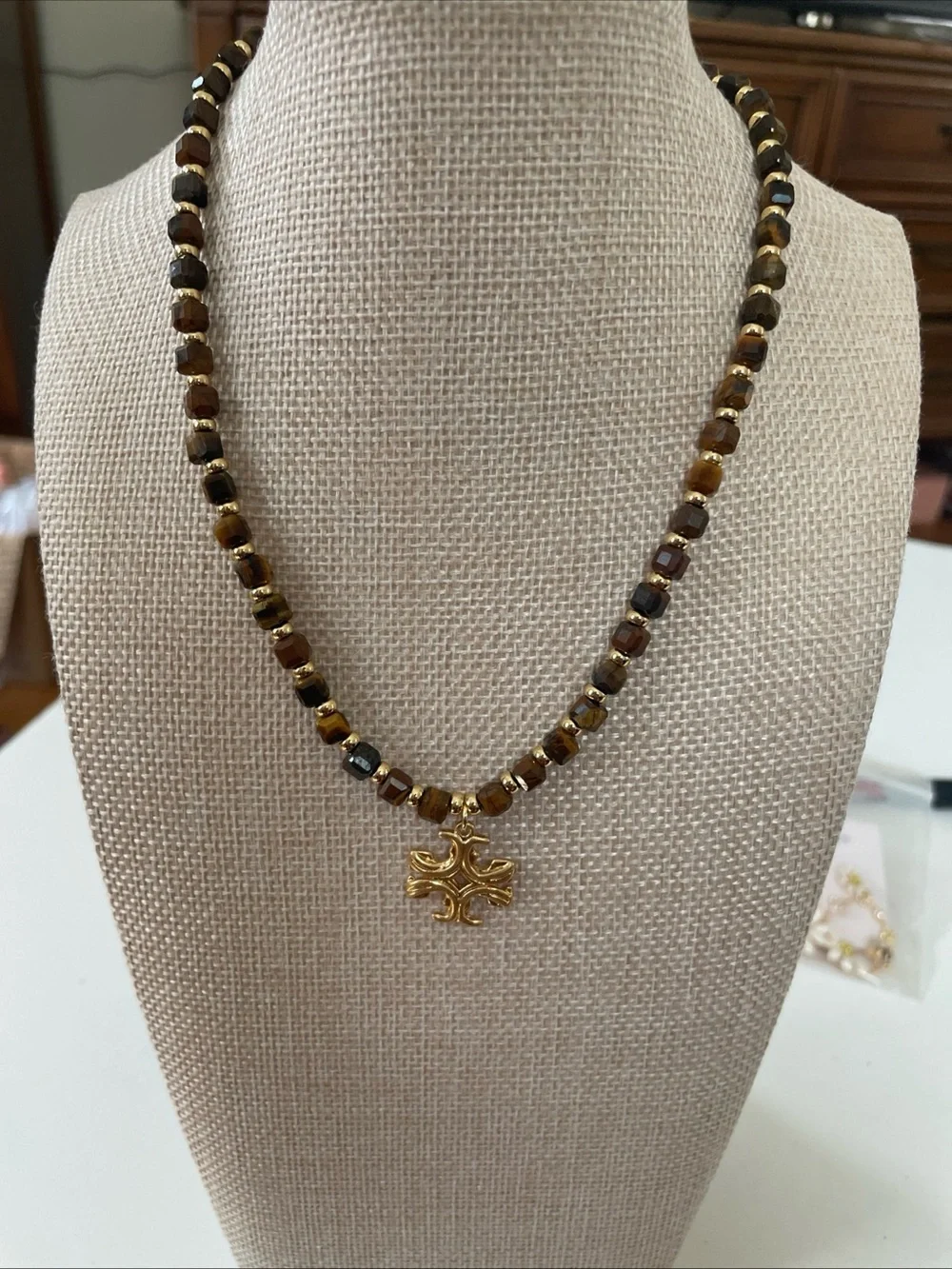 Tory Burch Brown Tiger Eye Beaded Necklace with Gold Cross Pendant